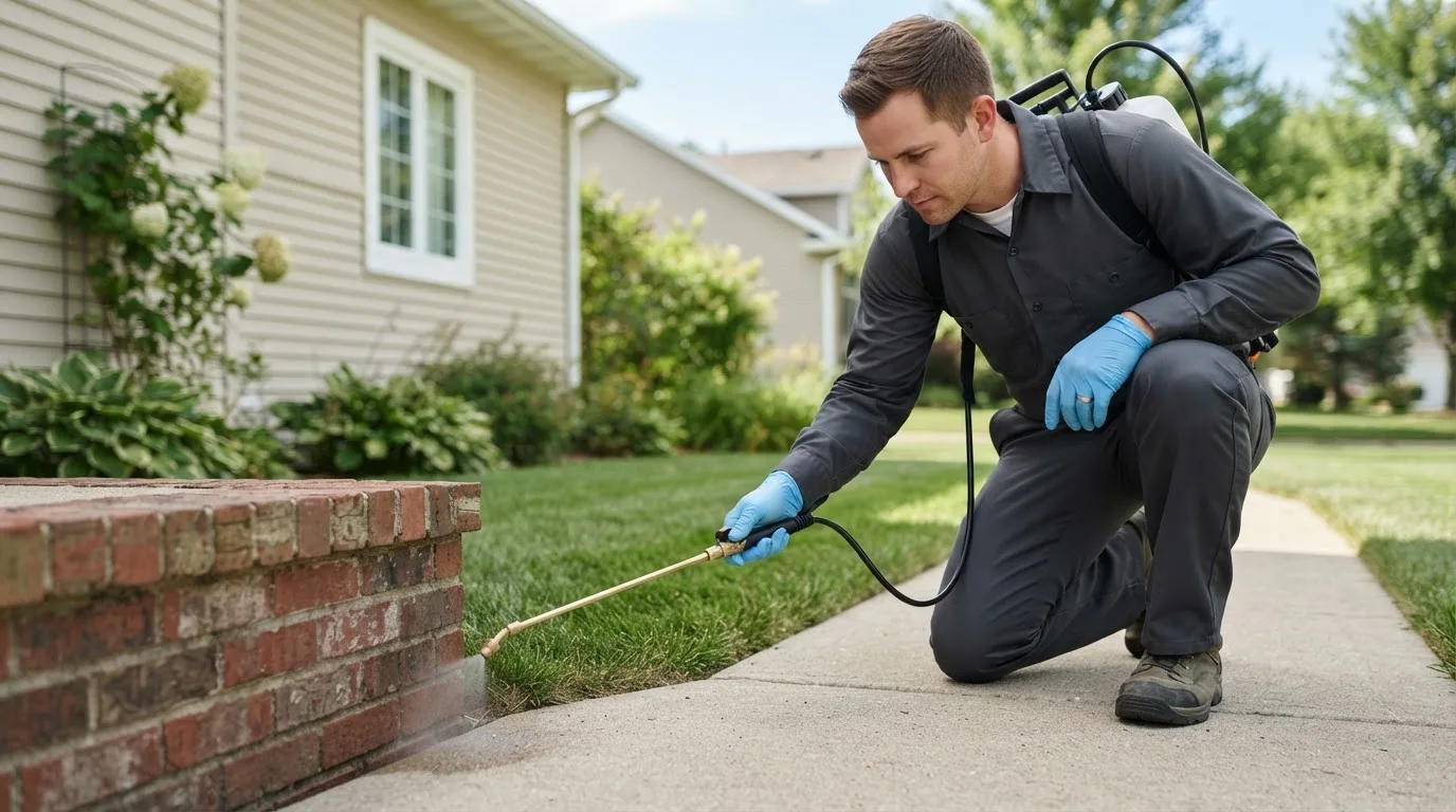 Pest control technician treating a home near Huxley, IA