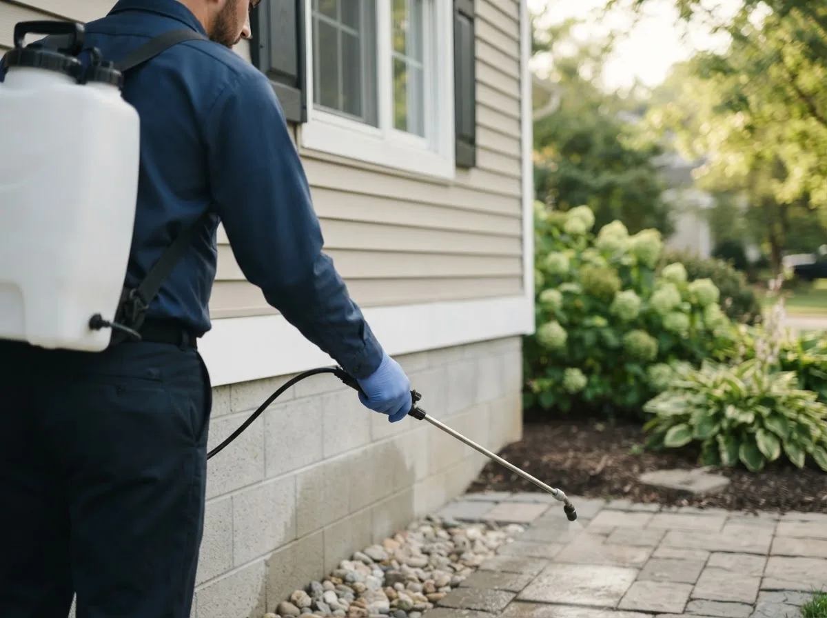 Pest control technician inspecting a home in Huxley, IA
